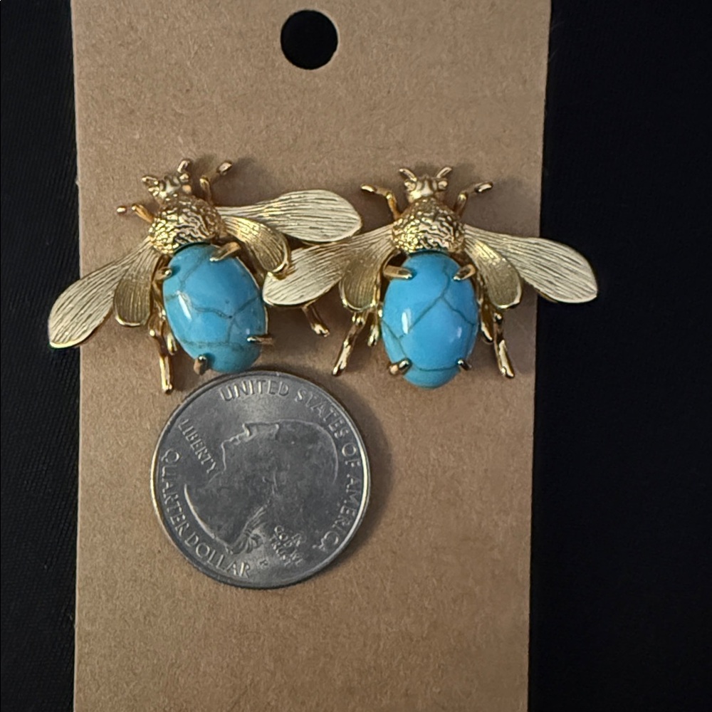 New Bee Earrings either Faux Turquoise Blue “Jelly Belly” Oval Cabochons - Picture 3 of 4